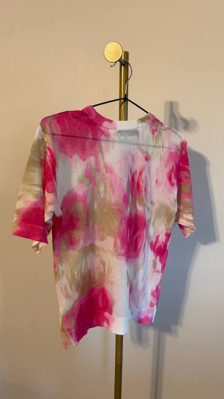 DKNY Watercolor‑Print Short‑Sleeve Sweater Blush Multi XS $89 NWT