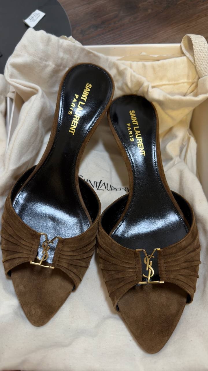 Saint  Laurent  Babylone  Mules  Suede  Dark Havana 37.5  New in Box  $1200