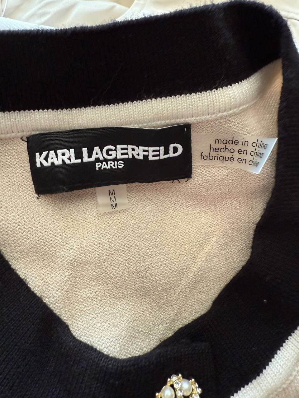 Karl Lagerfeld Paris Ivory Contrast Trim Cardigan M Womens V-Neck Knit