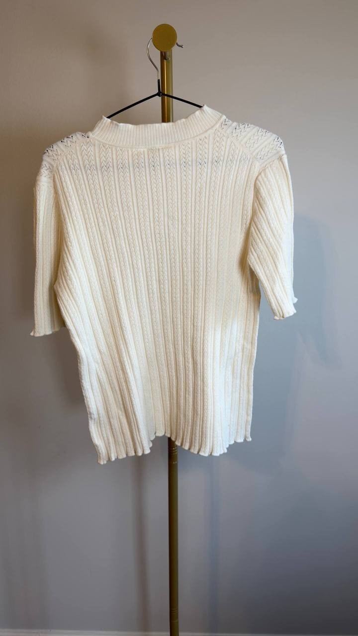 Anne Klein Cable‑Knit Short‑Sleeve Sweater Cream L NWT $79