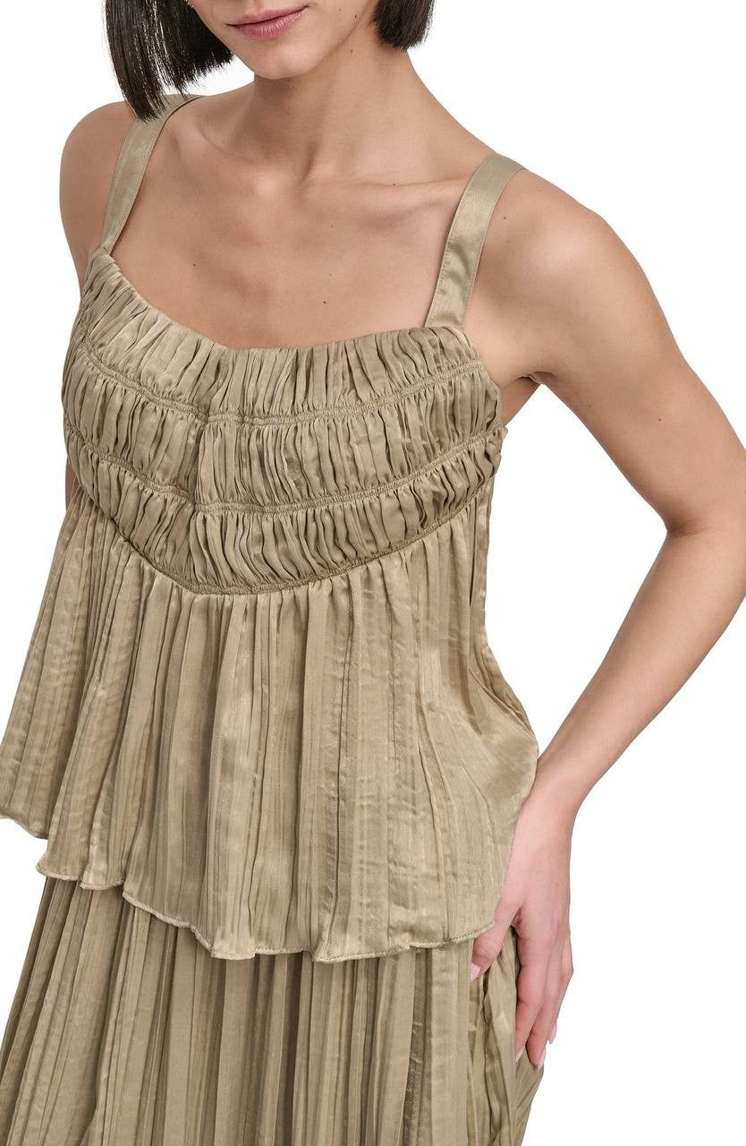 DKNY Crushed Pleats Sleeveless Scoop‑Neck Top Pale Moss M NWT $89