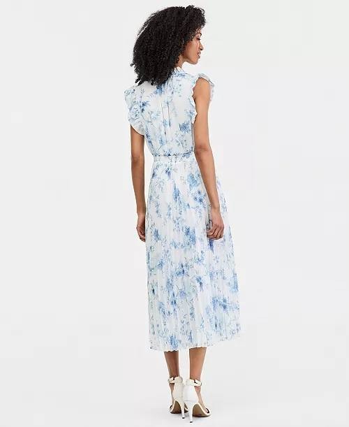Anne Klein Pleated Flutter‑Sleeve Midi Dress Crisp White Multi 16 NWT $159