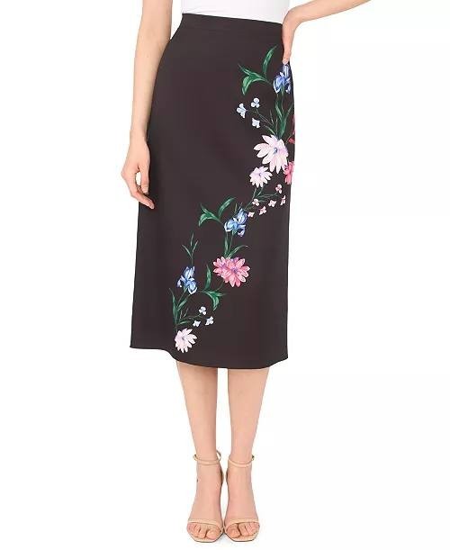 CeCe Floral Print Pull‑On Midi Skirt S Reach Black NWT $99