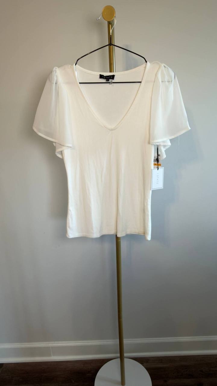 1.STATE Flutter Sleeve Rib Knit T‑Shirt New Ivory S NWT $59