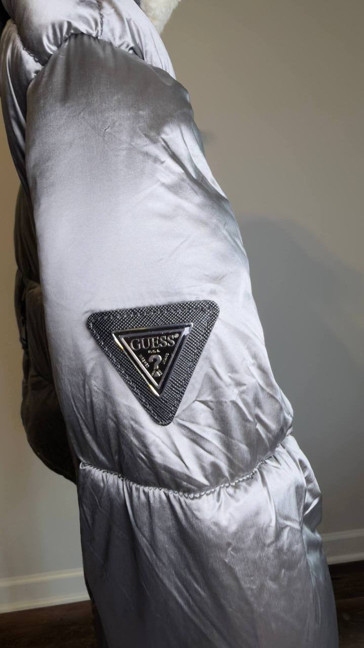 GUESS Men’s Puffer Jacket Sherpa Collar Silver Soiled M NWT $250