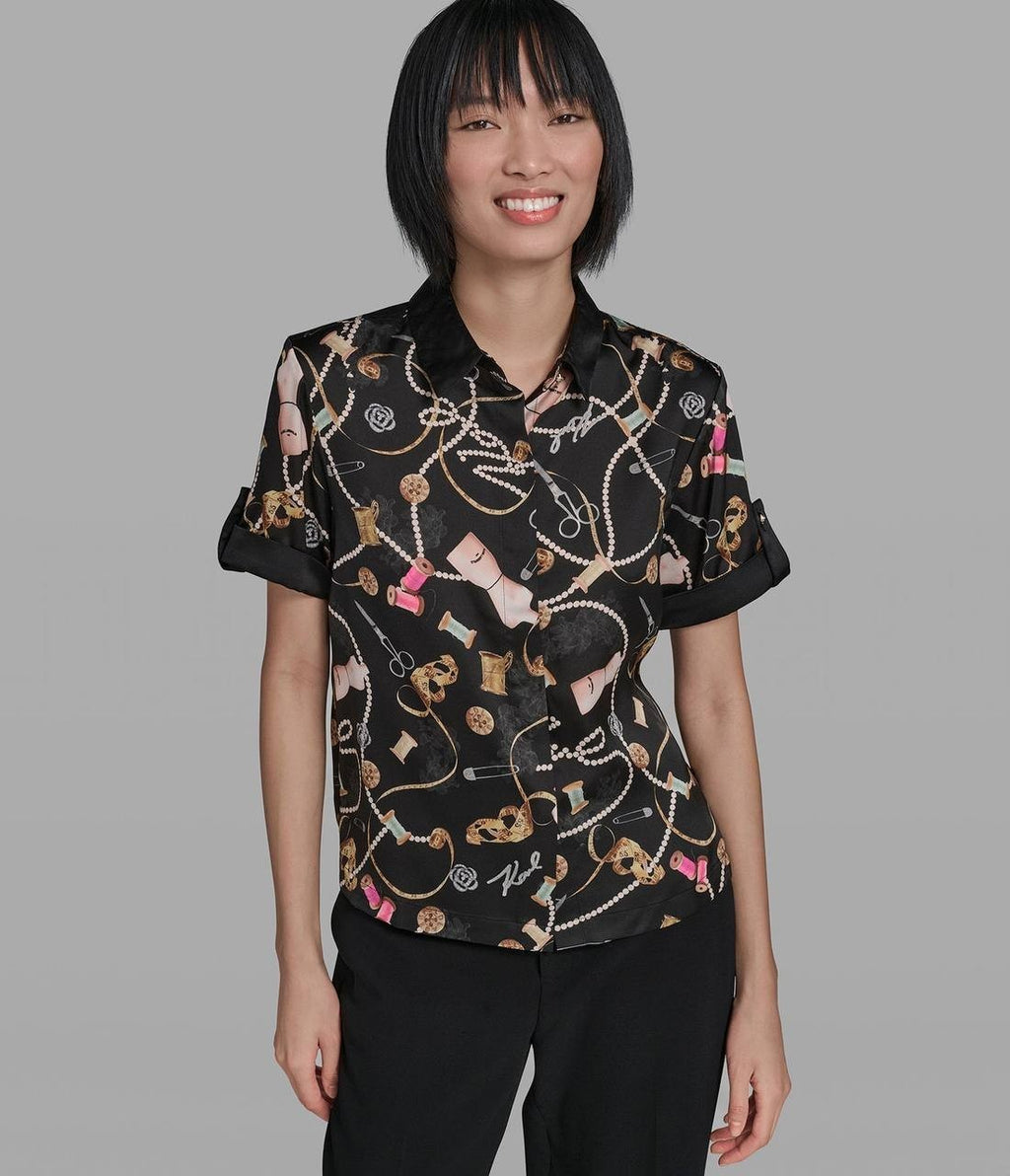 Karl Lagerfeld Paris Satin Print Camp Shirt Black L NWT $99