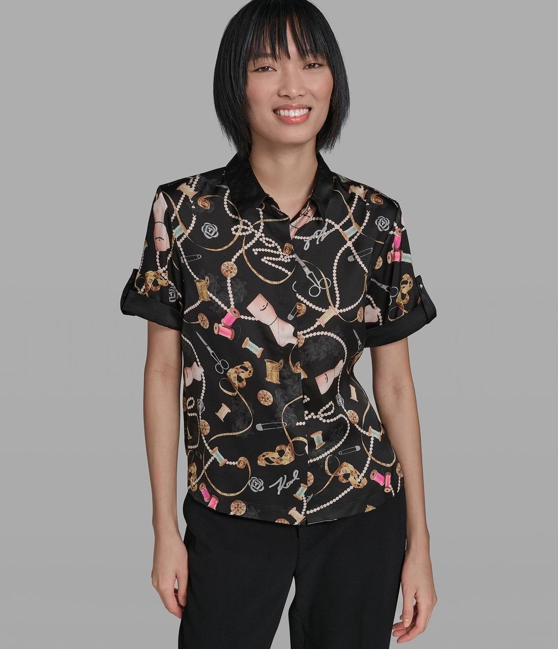 Karl Lagerfeld Paris Satin Print Camp Shirt Black L NWT $99