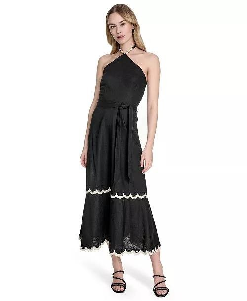 Eliza J Beaded‑Strap Contrast‑Trim Halter Midi Dress Black 16 NWT $168