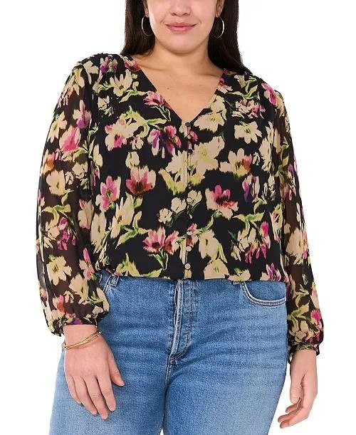 Vince Camuto Plus Size Floral‑Print V‑Neck Blouse Black Multi 1X $89 NWT