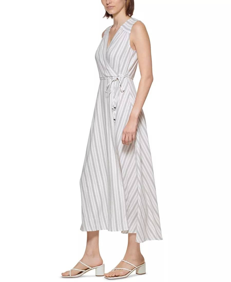 Calvin Klein White Striped Maxi Dress 8 Pre‑Owned Sleeveless Chic msrp$139