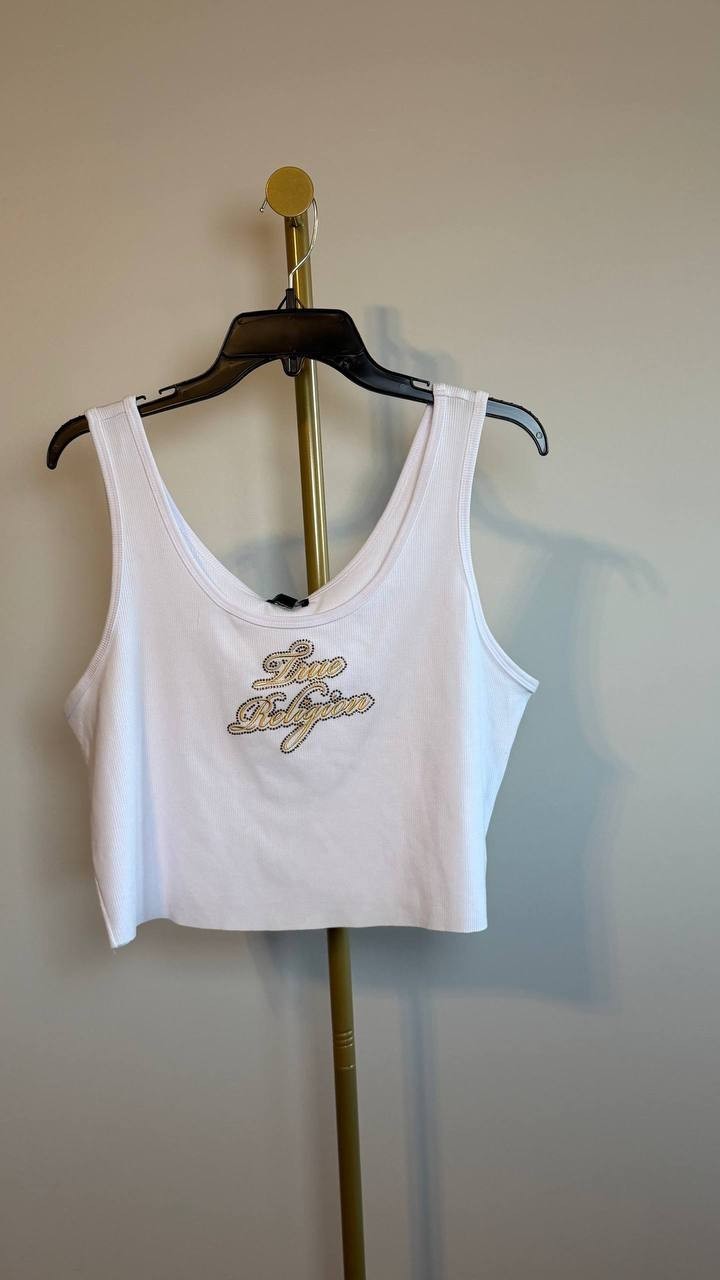 True Religion Raw Hem Crystal Logo Tank Top White XXL NWT $59