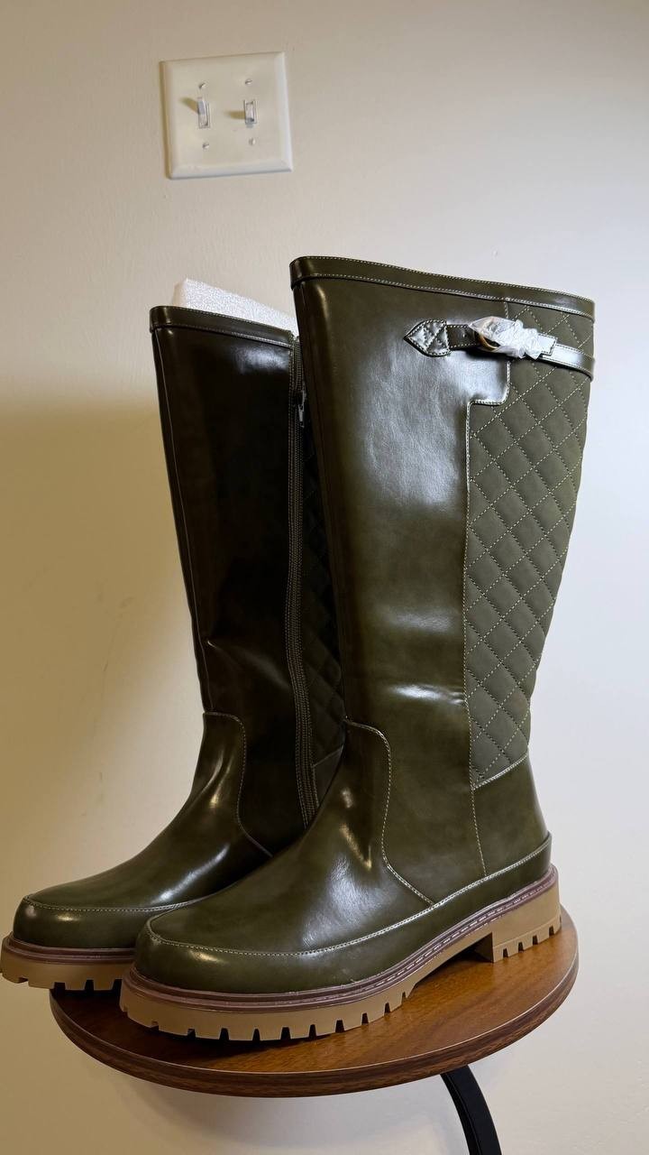 Journee Zemmie Boots 11M Olive PU Knee‑High Lug Sole Almond Toe NIB msrp$128