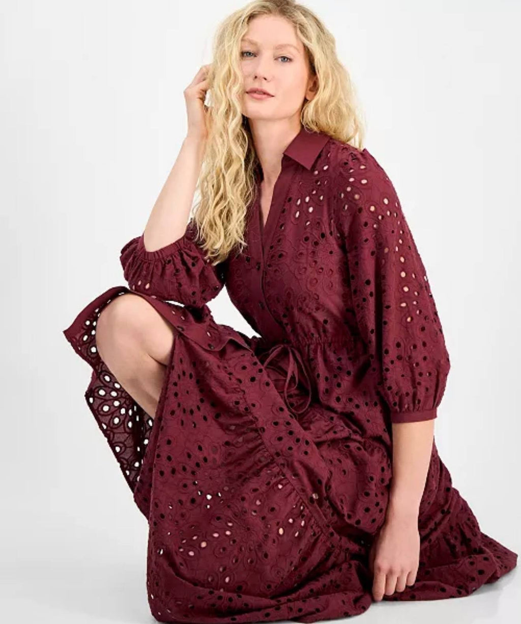 Julia Jordan Women’s Eyelet Tie‑Waist 3/4‑Sleeve Midi Dress – Wine – Size 6  NWT