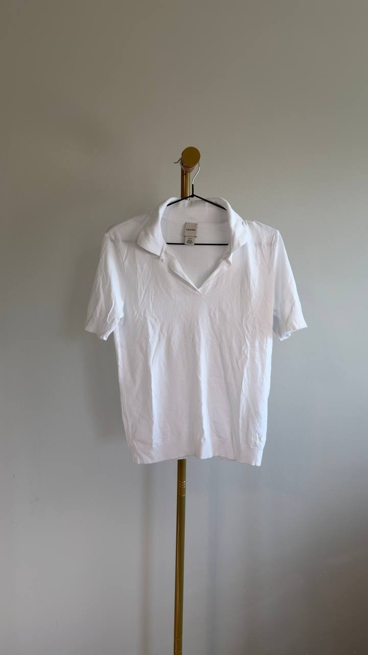 Calvin Klein Short Sleeve Collared Knit Top White Size S NWOT $69
