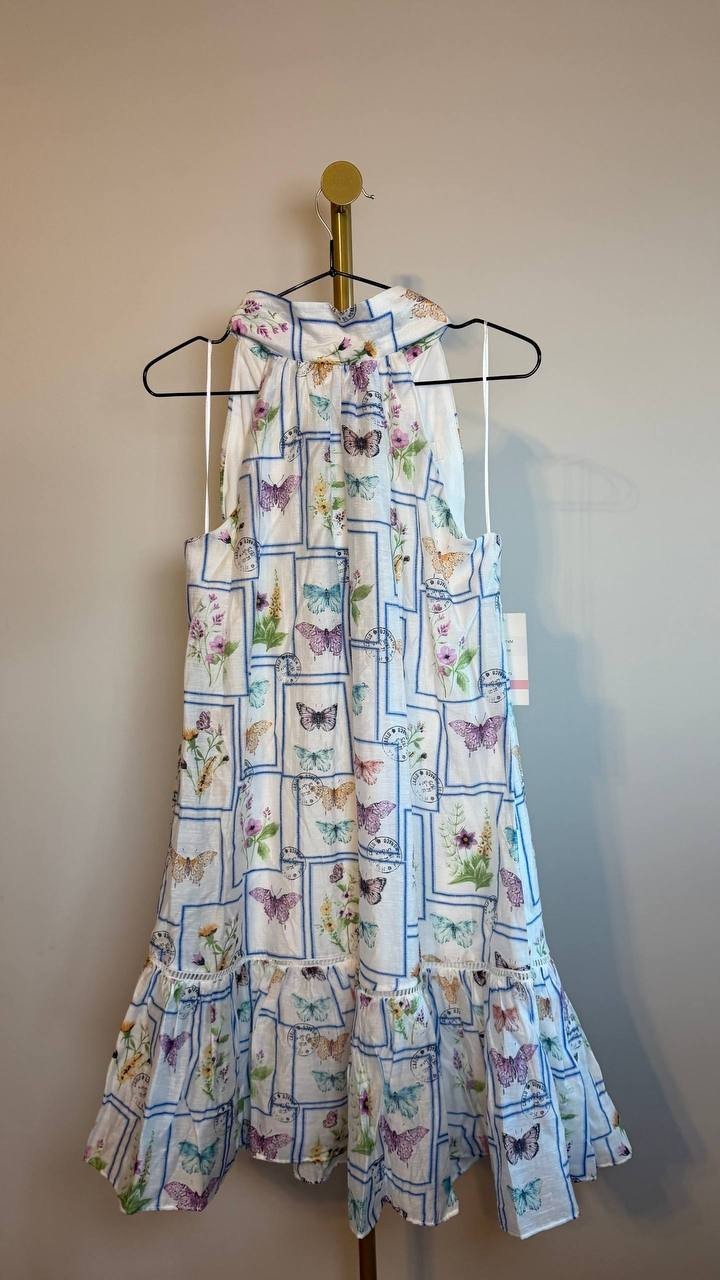 Taylor Mock‑Neck Butterfly‑Print Ruffled‑Hem Dress White Multi 10 NWT $70