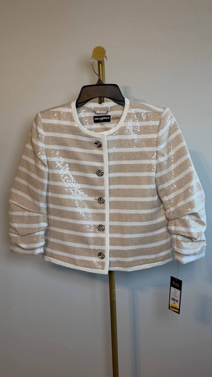 Karl Lagerfeld Paris Sequinned Striped Jacket White/Beige 2 NWT $229