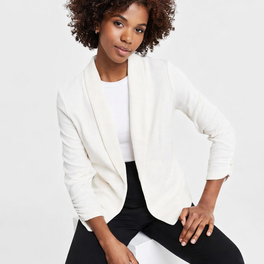 Bar III Ruched 3/4‑Sleeve Knit Blazer Bright White P/P NWT $49.50