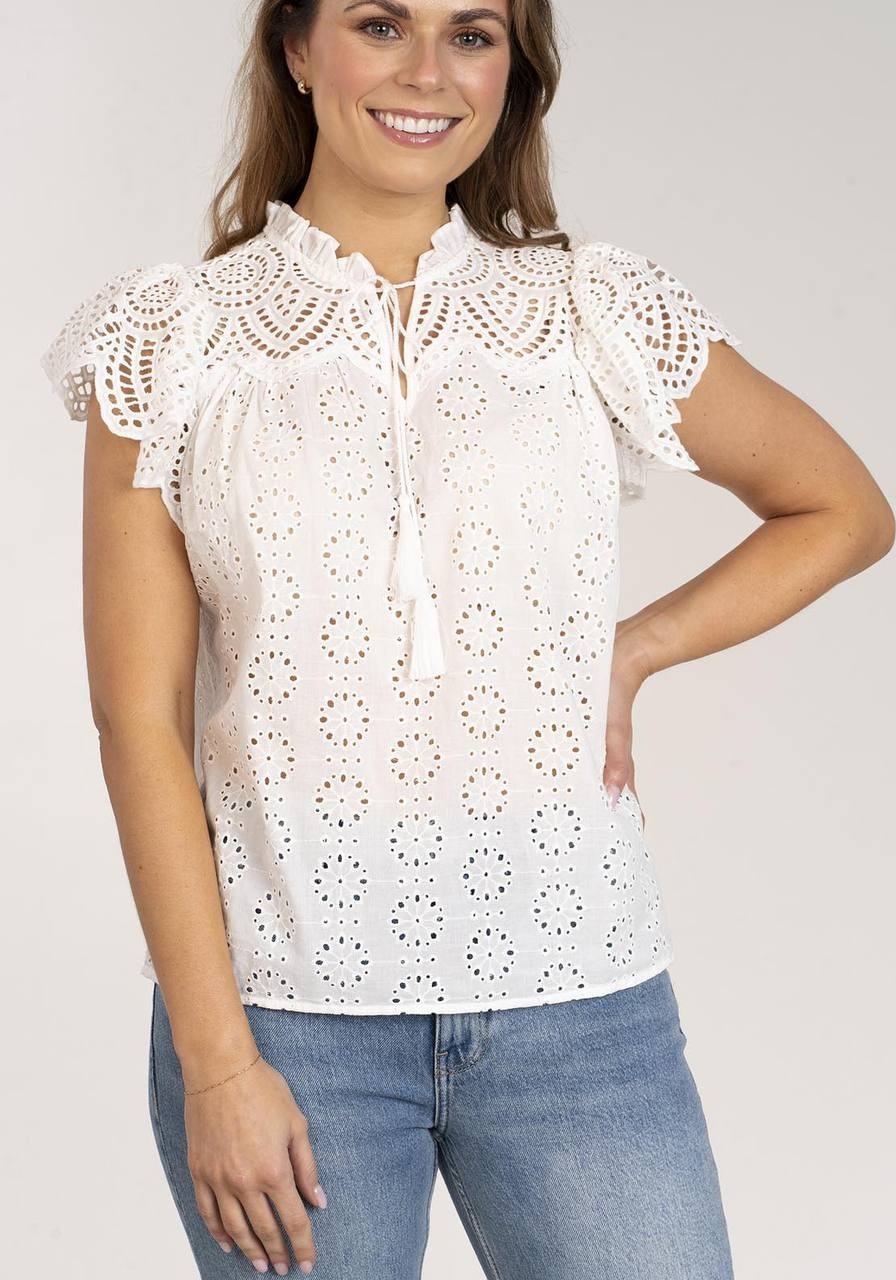 Aqua White Anglaise Top XS Cotton Embroidered Romantic Boho Minor Flaw