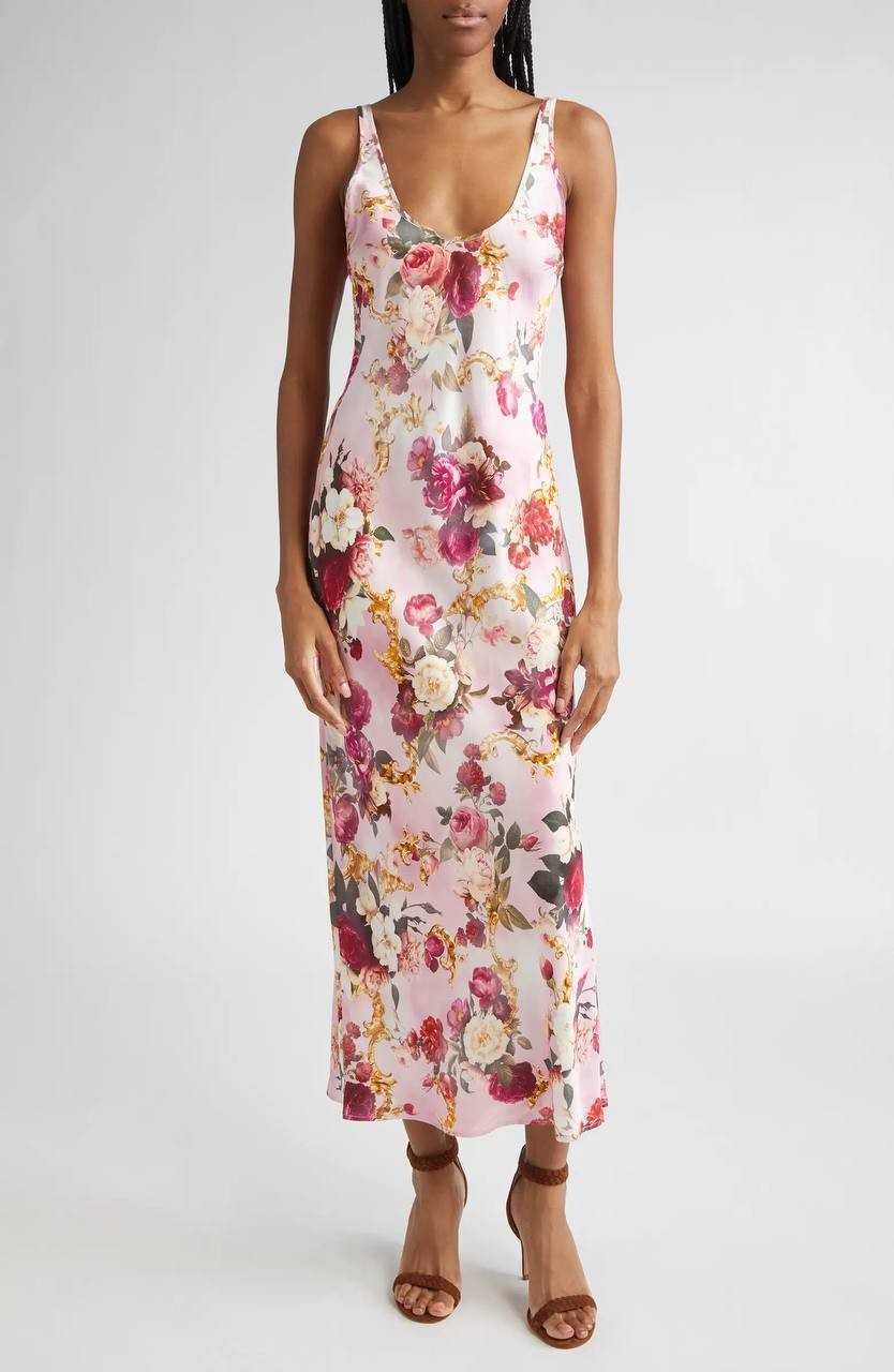 L’Agence Akiya  Satin Maxi Dress Floral Bougainvillea Size L NWT $425