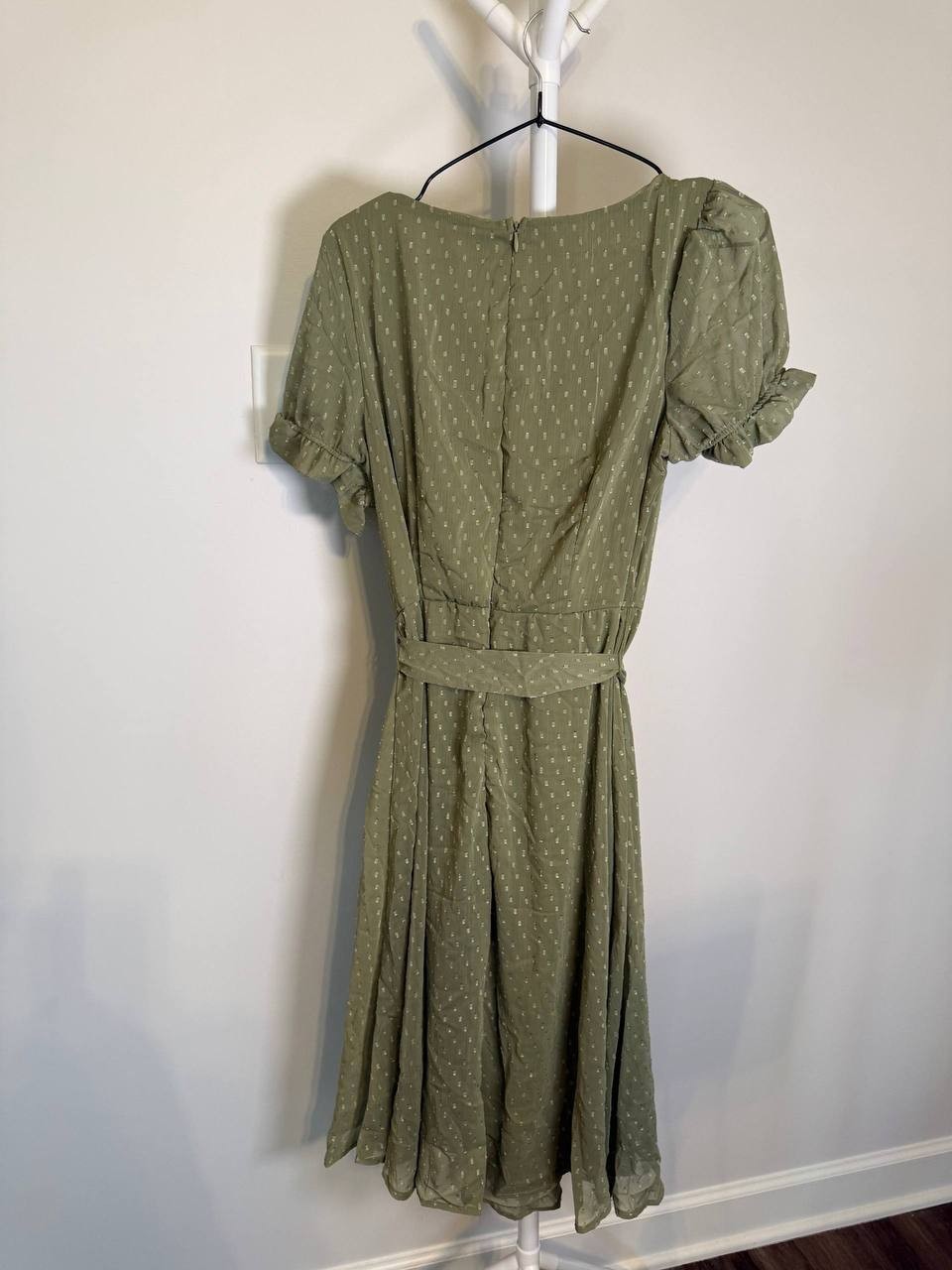 NY Collection Petite Short Sleeve Belted Swiss Dot Dress – Olive– Size PL – NWT
