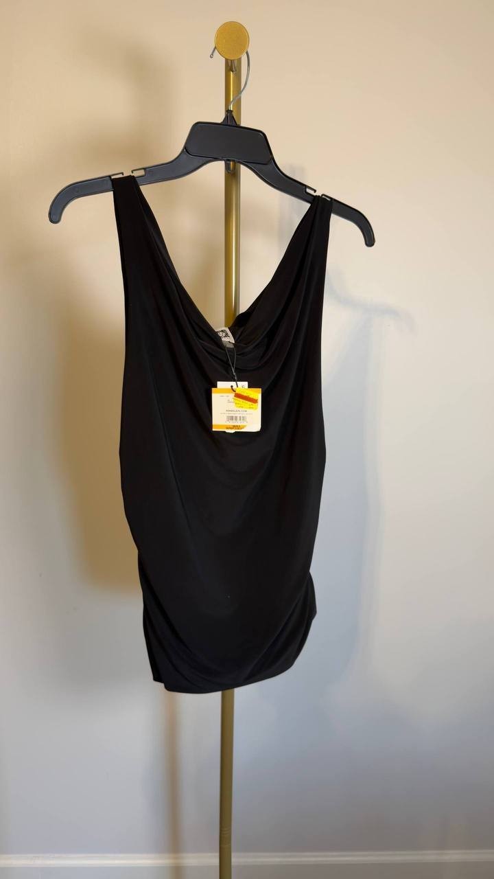 Anne Klein Ruched Draped‑Neck Textured Crepe Knit Top Black S NWT $69