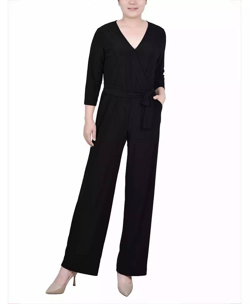 NY Collection Petite 3/4 Sleeve Belted Wide Leg Jumpsuit Black PM $66 NWT