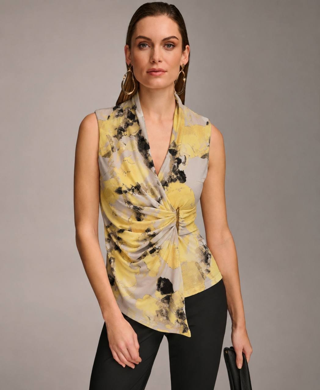 Donna Karan NY Sleeveless V‑Neck Floral Faux Wrap Blouse Multi XL NWT $69