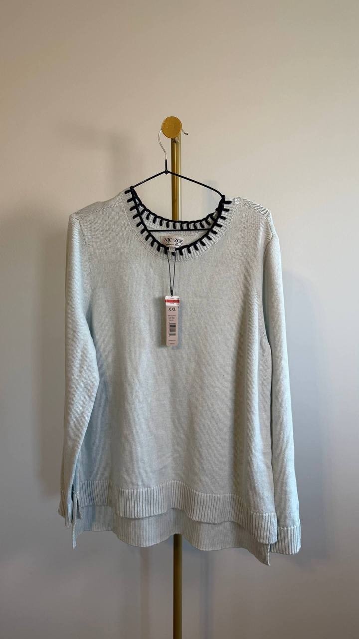 NIC+ZOE Women’s Blanket Stitch Cotton‑Blend Sweater Blue Glow XXL $158 NWT