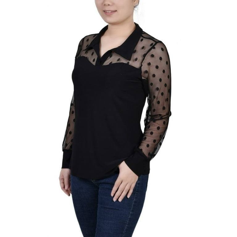 NY Collection Women’s Mesh Sleeve Top Black PL Petite $44 NWT