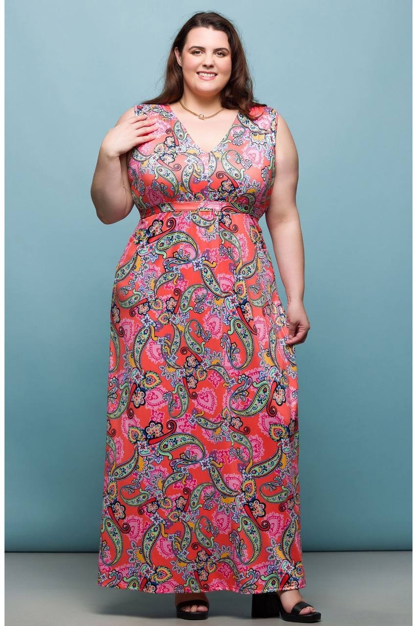 24seven Comfort Apparel Plus V‑Neck Sleeveless Maxi Dress Coral Multi 1X NWT $64