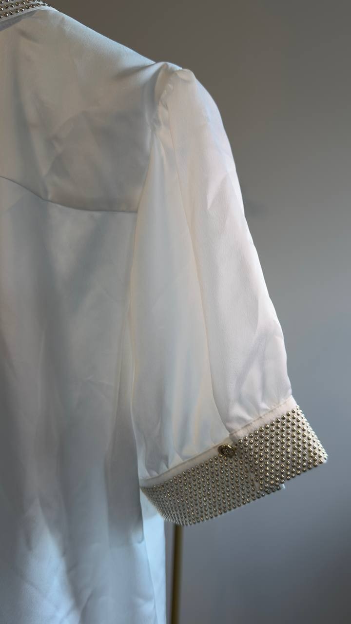 Karl Lagerfeld Paris Beaded Satin Stud Blouse Soft White M NWT $109