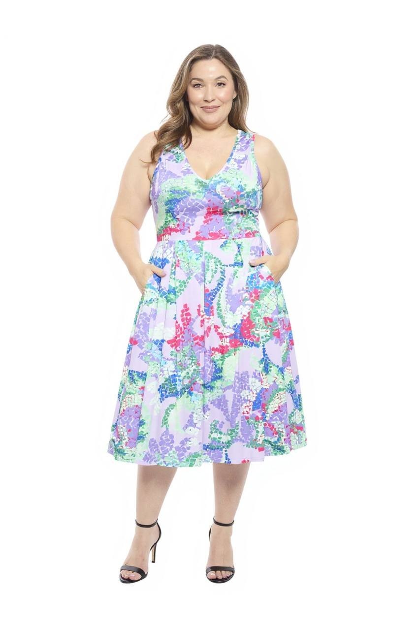 24seven Comfort Apparel Plus Abstract  Midi Dress Purple Multi 2XL NWT $64
