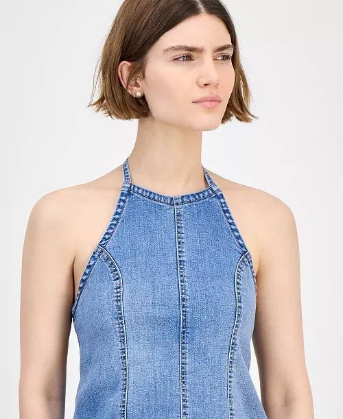 And Now This Seamed-Front Halter Denim Top – Size XL