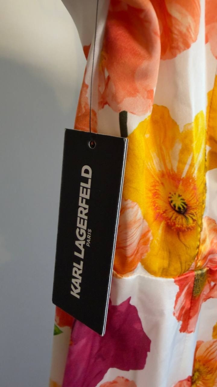 Karl Lagerfeld Floral‑Print A‑Line Dress White 6 NWT $169