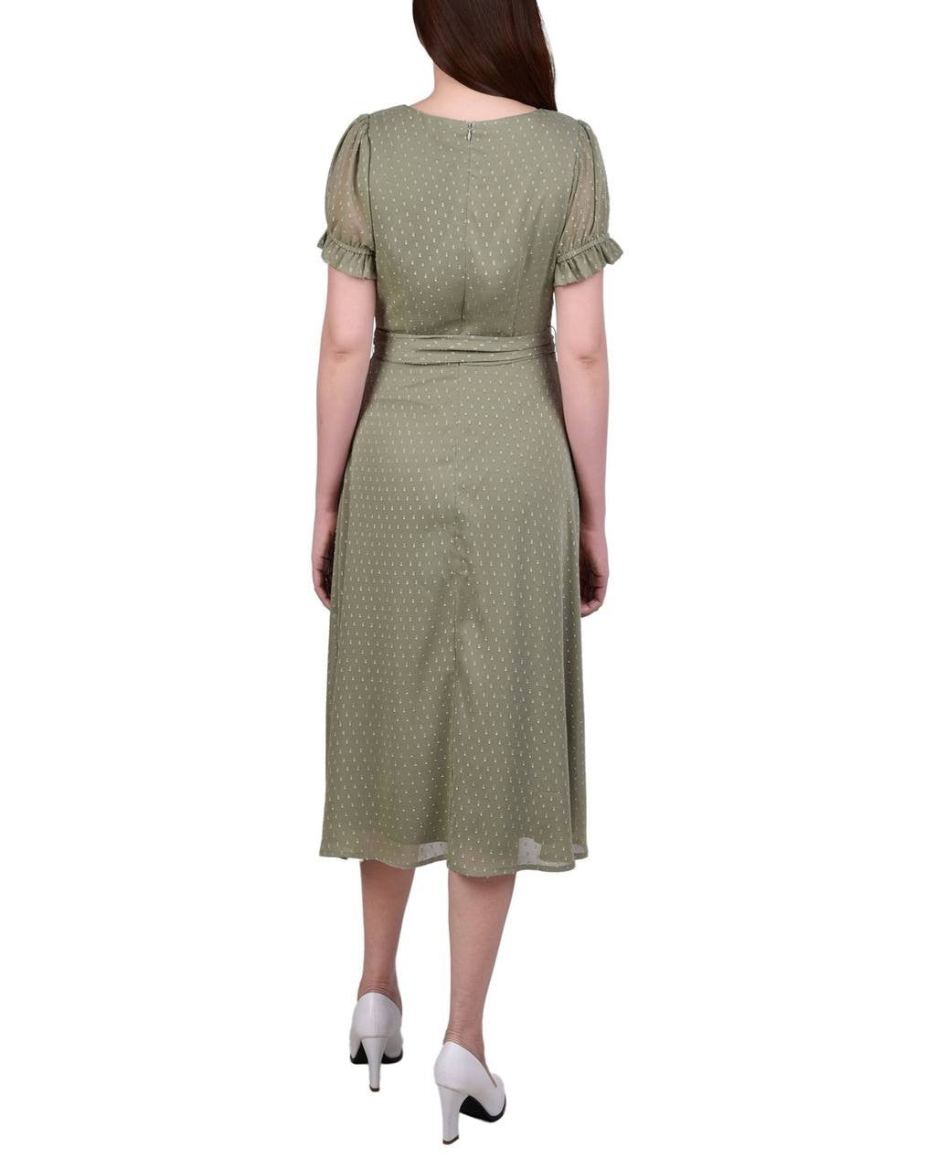 NY Collection Petite Short Sleeve Belted Swiss Dot Dress – Olive– Size PL – NWT