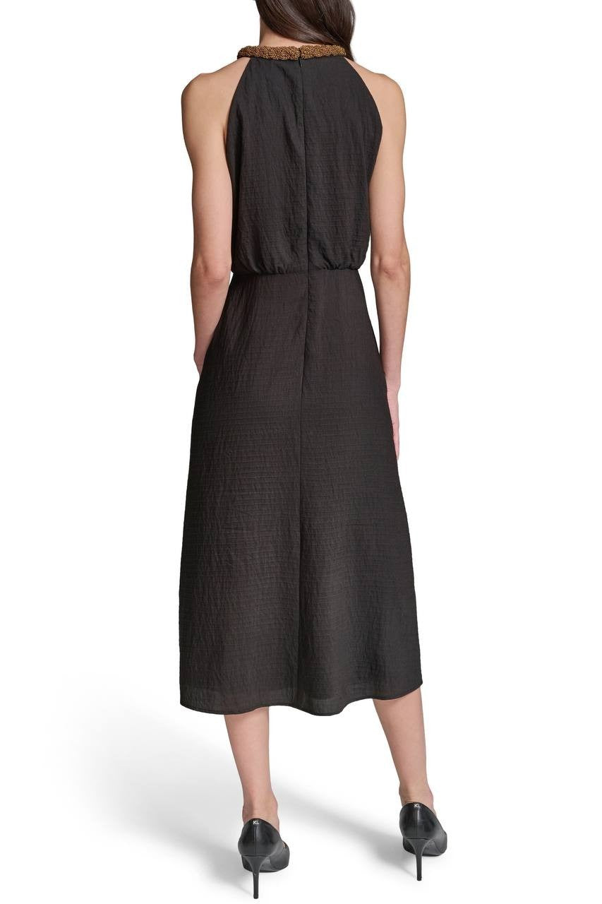 Karl Lagerfeld Floral Bead Collar Sleeveless Midi Dress Black Multi 8 NWT $189