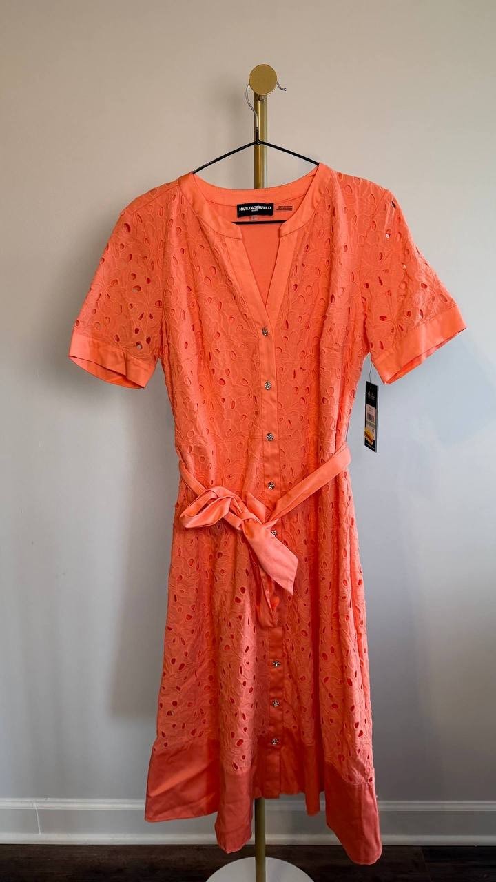 Karl Lagerfeld Paris Petite Eyelet Button‑Front Dress Terracotta 8P NWT $199