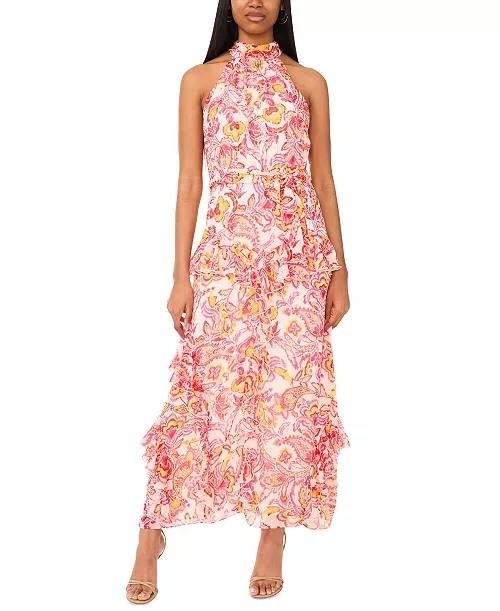CeCe Printed Sleeveless Tiered‑Ruffle Maxi Dress Magenta 2 NWT $119