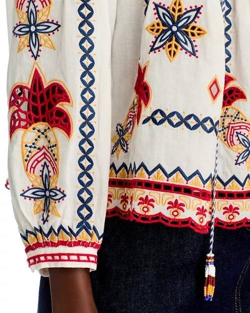 FARM Rio Mary's Tiles Embroidered Blouse Off-White M Cotton Short-Sleeve