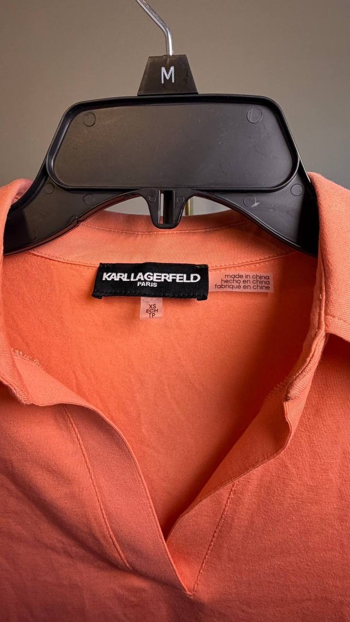 Karl Lagerfeld Paris Eyelet Puff‑Sleeve Collared Top Coral XS NWT $89