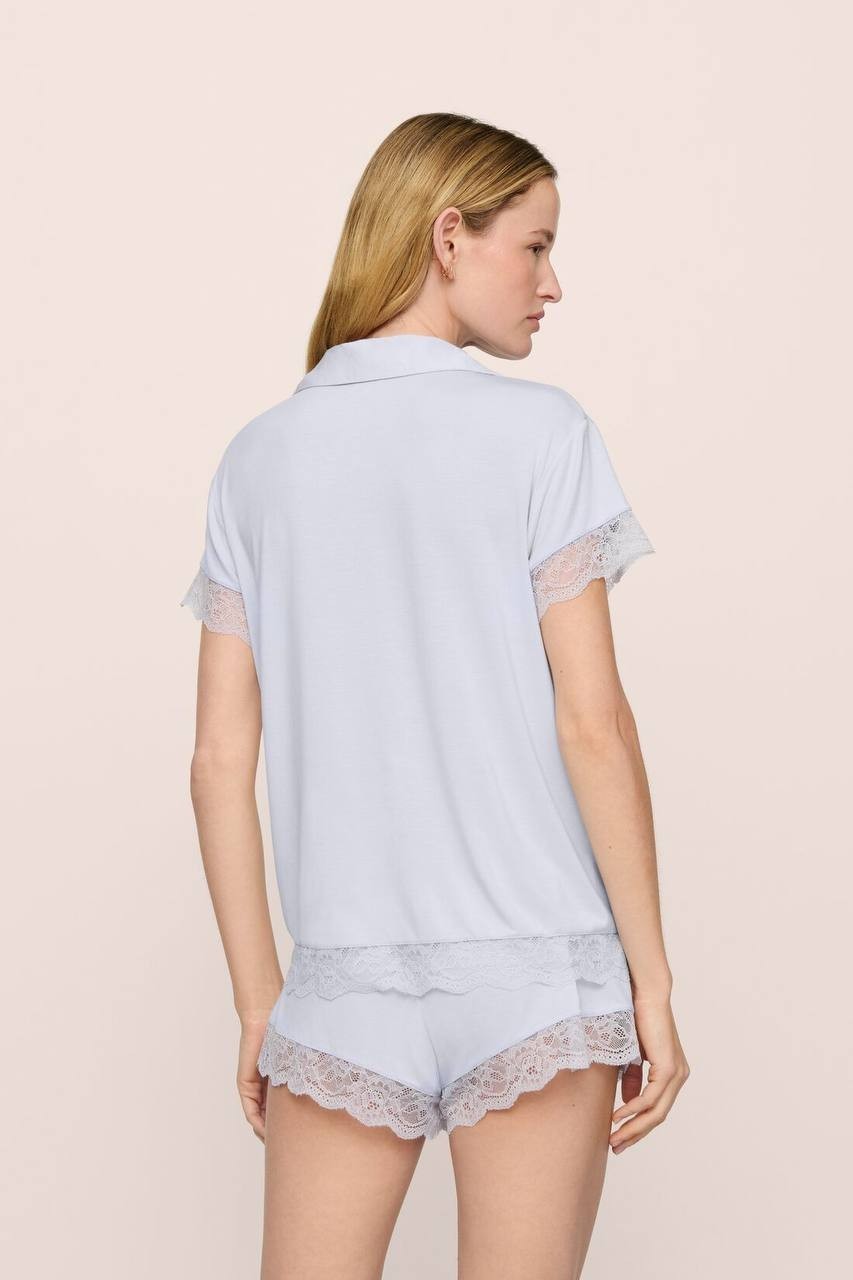 Eberjey Malou TENCEL™ Modal Button-Front Top with Lace Trim – Ice Blue, Size L