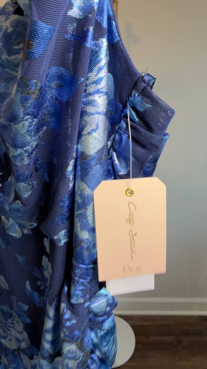 City Studios Plus Cowl‑Neck Foiled Floral Ruched Dress Navy/Royal 2XP NWT $79