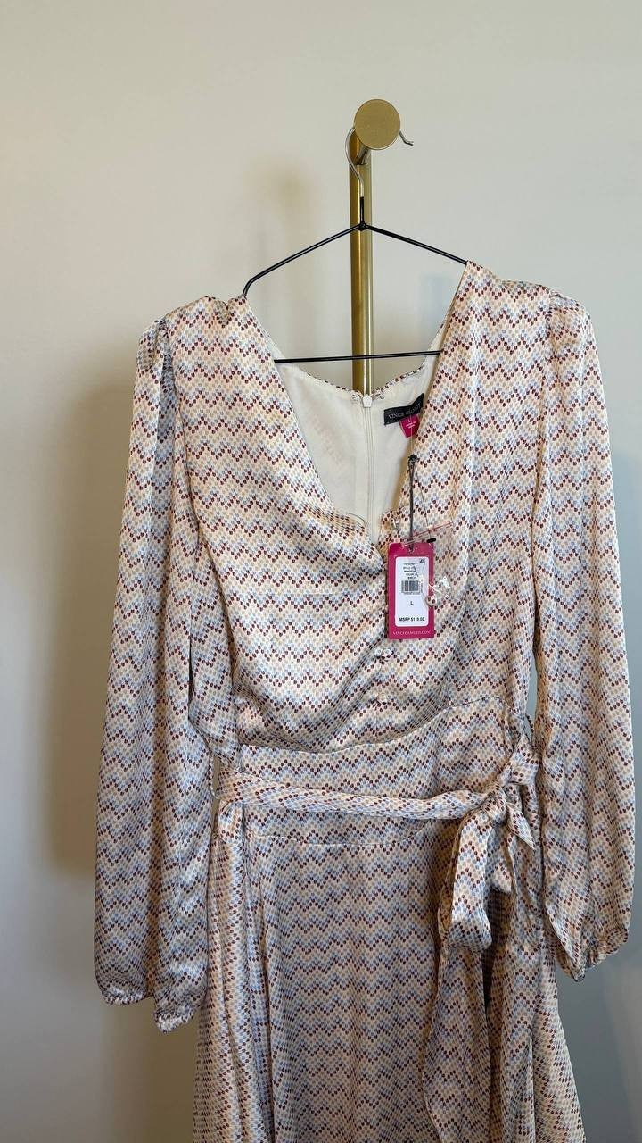 Vince Camuto Tie Maxi Dress Birch Button Detail Unlined Size L NWT $119 (damage)