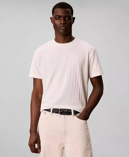 Calvin Klein Vertical Stripe Textured Crewneck T‑Shirt Tofu L NWT $59