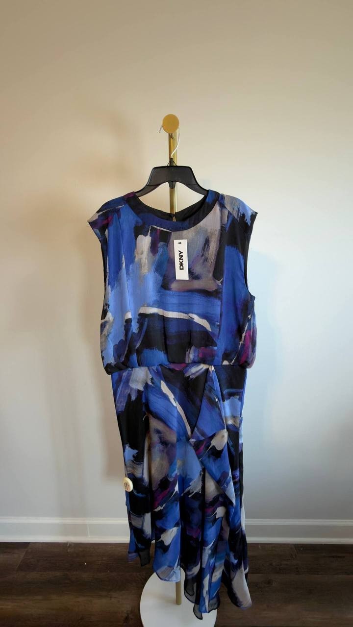 DKNY Printed Blouson Asymmetric-Hem Dress Blue Multi 8 NWT $129