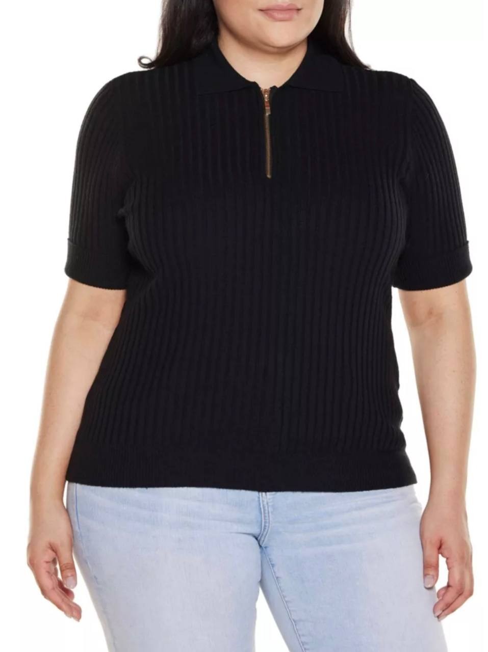 Belldini Plus Collared Quarter‑Zip Ribbed‑Knit Sweater Black 2X NWT $59