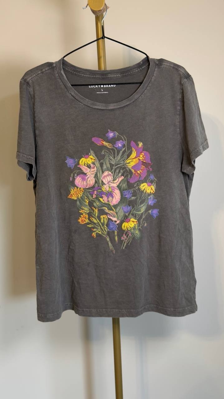 Lucky Brand Faded Neon Floral Classic Crew Dark Dull Grey L Pre‑Owned $39.50