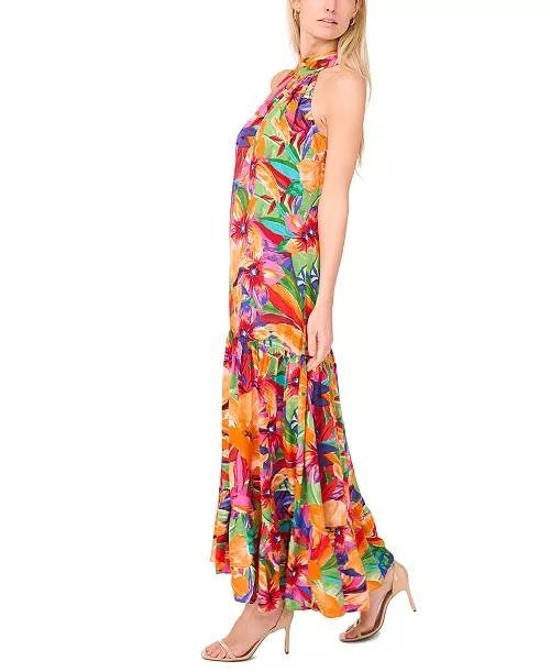 MSK Printed Halter Tie‑Back Tiered Maxi Dress Multi S NWT $69