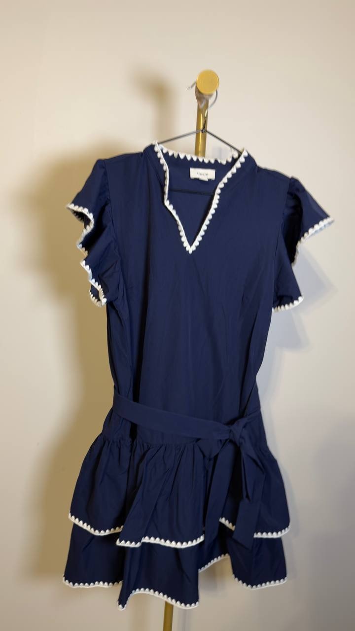 CeCe V‑Neck Ruffle Sleeve Tiered Mini Dress Classic Navy 10 NWT $139