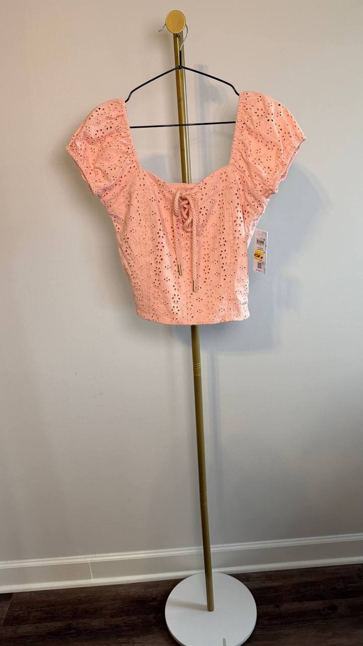 Guess Eco Embroidered Sheer Lace‑Up V‑Neck Blouse Peach Cream Multi S NWT $69